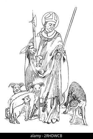 St. Alphege (alias Ælfheah) war ein angelsächsischer Bischof von Winchester, später Erzbischof von Canterbury. Ælfheah wurde 1011AD von den Dänen während der Belagerung von Canterbury gefangen genommen und sieben Monate lang gefangen gehalten. Er weigerte sich jedoch, ein Lösegeld zu zahlen, um seine Freiheit zu sichern, und wurde zu Tode gesteinigt. In dieser Gravur aus dem Leben der Heiligen von Sabin Baring-Gould wird er mit den Steinen seines Märtyrertums dargestellt. Stockfoto