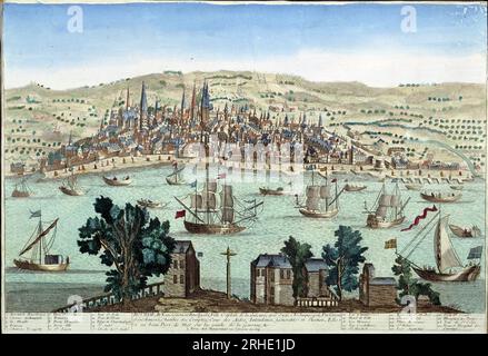 Le Port et la ville de Bordeaux - Gravure, XVIIIeme Siecle Stockfoto