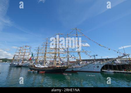 Falmouth, Cornwall, Großbritannien. 16. August 2023. Wetter in Großbritannien. Es war heiß und sonnig für die großen Schiffe, die in Falmouth vor dem Start des Rennens diese Woche anlegten. 2 Kanufahrer kamen aus Polen, dem Fryderyk Chopin und dem dar Mlodziezy und aus dänemark der Georg-Bühne. Credit Simon Maycock / Alamy Live News. Stockfoto