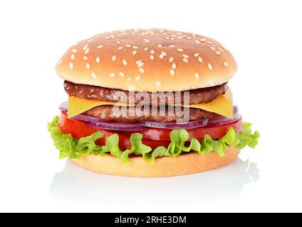 Großer Hamburger mit zwei Schnitzeln auf weißem Hintergrund, Nahaufnahme Stockfoto