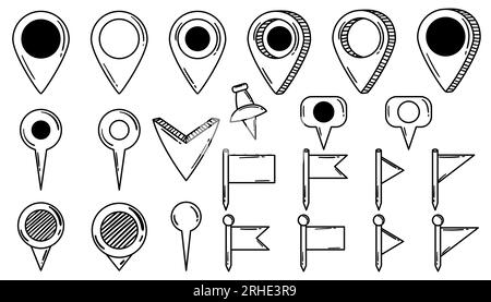 Von Hand gezogene Sammlung von Doodle-Pin-Positionen. Satz verschiedener Navigationsmarkierungen, Punktpunkte, Tags und Flaggen Stock Vektor