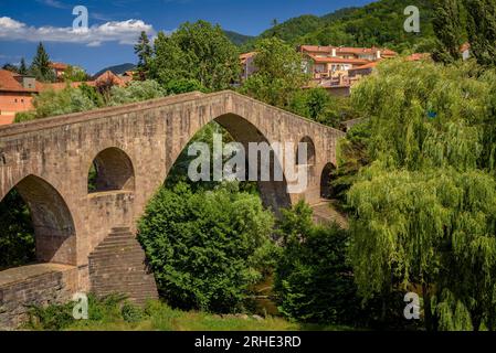 Die alte mittelalterliche Brücke, die den Fluss Ter in Sant Joan de les Abadesses überquert, mit der Stadt im Hintergrund (Ripollès, Girona, Katalonien, Spanien) Stockfoto