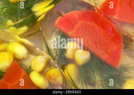 Gepresstes Schweinefleisch und Hühnerfleisch, Aspik-Gelee mit Gemüse (Mais, Karotte, Dill) aus der Nähe von oben. Stockfoto