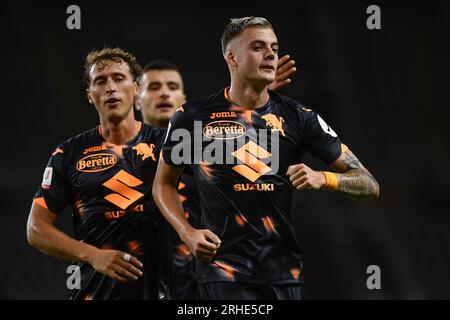 Mergim Vojvoda (FC Turin) und Ivan Ilic (FC Turin) feiern nach dem Tor von 2-1 während der Coppa Italia Runde von 32 Spiel zwischen Turin FC und Stockfoto