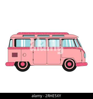 Klassischer, rosa Reisebus. Flacher Hippie-Van isoliert auf weißem Hintergrund. Sommerurlaub mit der Touristenbus-Familie. Wohnmobil-Reisen für Mädchen. Barbiecore. Groovy Style. Stock Vektor