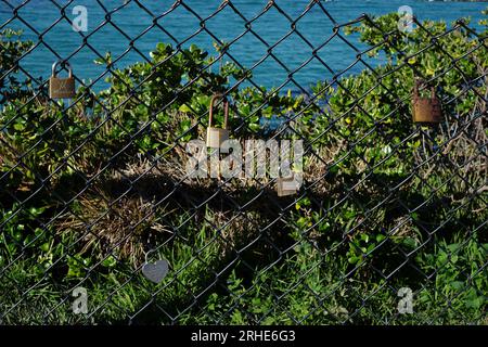 Love-Schlösser, die an einem Maschendrahtzaun befestigt sind, mit Blick auf das Meer, die Schlösser, in die Lovers' Namen-Mottos, 'Always Forever' in Cronulla, Sydney, graviert sind Stockfoto