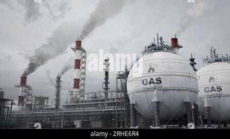 Gas- oder Benzin- oder LNG-Speichertanks in Raffinerie oder Verarbeitungsanlage, fiktiv - industrielle 3D-Illustration Stockfoto