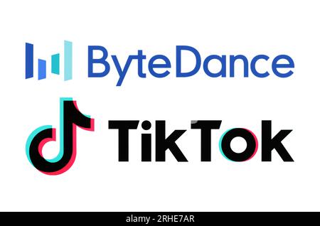 Kiew, Ukraine - 28. August 2022: Bytedance- und TikTok-Logos auf weißem Papier gedruckt. TikTok ist ein Social-Networking-Dienst von ByteD zur Videofreigabe Stockfoto