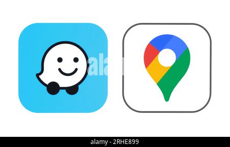 Kiew, Ukraine - 20. September 2022: Neue Symbole für Waze und Google Maps Mobile App, gedruckt auf Papier Stockfoto