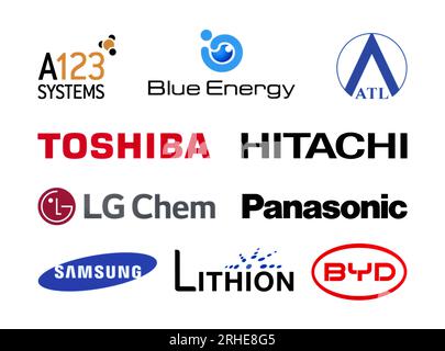 Kiew, Ukraine - 26. Oktober 2022: Logos der weltweit führenden Hersteller von Lithium-Batterien und -Akkumulatoren, gedruckt auf Papier, z. B. A123 Stockfoto