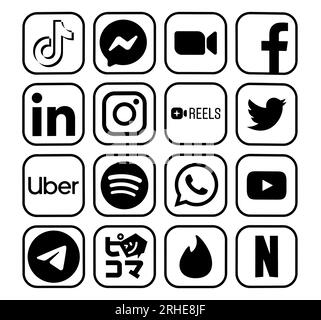 Kiew, Ukraine - 17. Januar 2023: Neue beliebte schwarze Symbole für mobile Apps, gedruckt auf Papier: TikTok, Messenger, Zoom, Facebook und andere Stockfoto