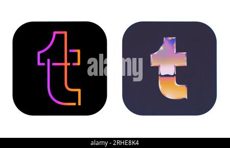 Kiew, Ukraine - 17. Januar 2023: Alte und neue Tumblr Mobile App-Symbole, gedruckt auf Papier. Tumblr ist eine Microblogging- und Social-Networking-Website Stockfoto