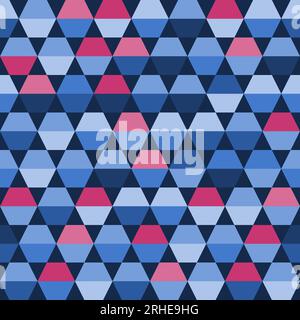 Abstraktes, nahtloses Modemuster. Klassischer sechseckiger und dreieckiger Hintergrund. Nahtloses Druckmuster aus Vektorgewebe. Farbenfrohe Grafiken in Blau und Pink. Stock Vektor