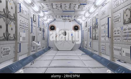 Hochwertige 8k SciFi Raumschiff Korridor, 3D-Rendering, Shuttle-Innenraum basierend auf der realen Raumstation. Fenster-Erde-Ansicht Stockfoto