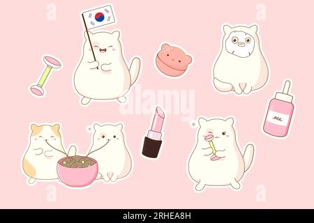 Ein Satz Aufkleber, süße koreanische Katze und Kosmetik. Vektordarstellung auf BU Stock Vektor