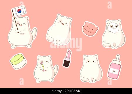 Ein Satz Aufkleber, süße koreanische Katze und Kosmetik. Vektordarstellung auf BU Stock Vektor