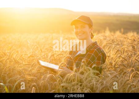 Eine Farmerin, die mit einem Laptop auf einem Weizenfeld arbeitet. Intelligente Landwirtschaft und digitale Landwirtschaft. Stockfoto