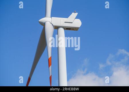 Piansano, Lazio, Italien. 16. August 2023 Windturbinen auf einem Windpark in Piansano, Mittelitalien zur Stromerzeugung. Italien strebt an, seine Abhängigkeit von fossilen Brennstoffen zu verringern und den Übergang zu einem nachhaltigeren Energiemix zu vollziehen, mit dem Ziel, bis 2030 30 % seines Energieverbrauchs aus erneuerbaren Quellen zu erreichen. Credit amer ghazzal/Alamy Live News Stockfoto