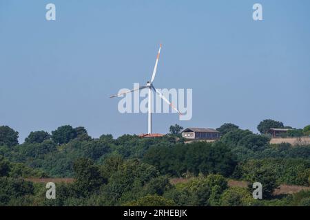 Piansano, Lazio, Italien. 16. August 2023 Windturbinen auf einem Windpark in Piansano, Mittelitalien zur Stromerzeugung. Italien strebt an, seine Abhängigkeit von fossilen Brennstoffen zu verringern und den Übergang zu einem nachhaltigeren Energiemix zu vollziehen, mit dem Ziel, bis 2030 30 % seines Energieverbrauchs aus erneuerbaren Quellen zu erreichen. Credit amer ghazzal/Alamy Live News Stockfoto