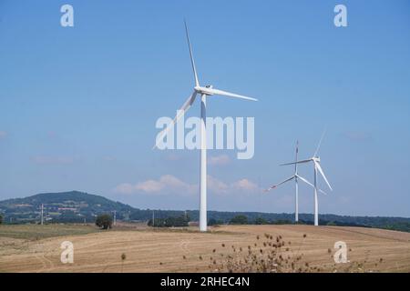 Piansano, Lazio, Italien. 16. August 2023 Windturbinen auf einem Windpark in Piansano, Mittelitalien zur Stromerzeugung. Italien strebt an, seine Abhängigkeit von fossilen Brennstoffen zu verringern und den Übergang zu einem nachhaltigeren Energiemix zu vollziehen, mit dem Ziel, bis 2030 30 % seines Energieverbrauchs aus erneuerbaren Quellen zu erreichen. Credit amer ghazzal/Alamy Live News Stockfoto