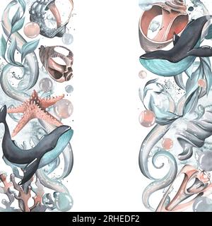 Wale mit Muscheln, Seesternen, Blasen, Algen und Korallen Türkis. Aquarellzeichnung handgezeichnet. Vorlage auf weißem Hintergrund Stockfoto