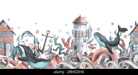 Wale mit Algen, Muscheln, Seesterne, Korallen, Algen, Anker, Wellen, Leuchtturm und Strandkabine und Blasen. Aquarellzeichnung handgezeichnet Stockfoto