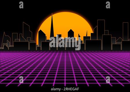 3D-Raster aus dem 80 mit einer futuristischen Stadt, die vom Sonnenuntergang zurückerobert wird. Stockfoto