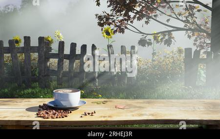 Heißer Latte-Kaffee auf einem alten Holztisch im Sonnenblumengarten mit Nebelwolken und Herbstbaummorgendlichtszene, 3D-Illustrationsdarstellung Stockfoto