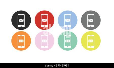 Symbol für E-Mail-Benachrichtigung festgelegt. Vektor isolierte flache Abbildung eines mobilen Geräts und eines Umschlags Stock Vektor