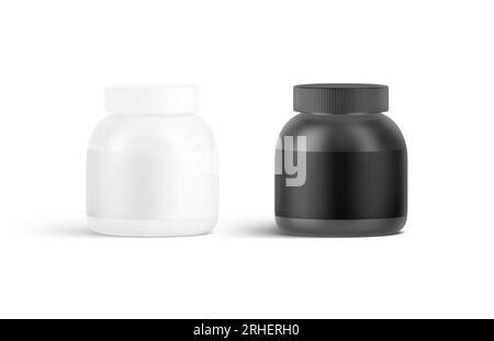 Leere schwarz-weiße kleine Proteine können Modelle erstellen, Vorderansicht, 3D-Rendering. Leerer Becherbehälter mit Etikett für Muskel-Molke-Modell, isoliert. Alles Klar Stockfoto