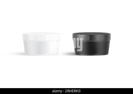 Leeres schwarzweißes kleines Pulver kann Modell erstellen, Vorderansicht, 3D-Rendering. Leerer Kunststoffbehälter für süßes Essen oder Fitness-Ess-Modell, isoliert. C Stockfoto