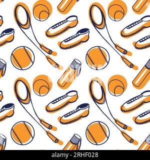 Nahtloses Vektormuster auf weißem Hintergrund. Sportausrüstung, Bälle, Springseil, Sneaker in Blau und Orange auf einem Tablet. Geeignet für Ausdrucke Stock Vektor
