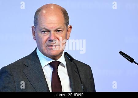 Düsseldorf, Deutschland. 16. Aug. 2023. Bundeskanzler Olaf Scholz (SPD) spricht anlässlich des nordrhein-westfälischen Unternehmertages. Kredit: Federico Gambarini/dpa/Alamy Live News Stockfoto