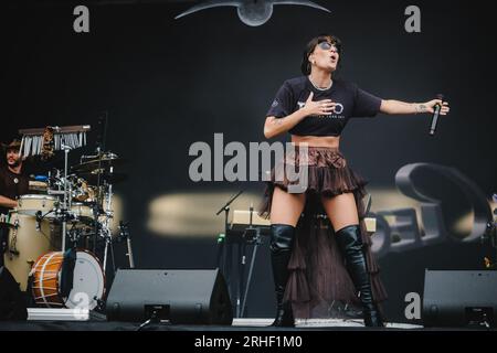 Göteborg, Schweden. 12., 2023. August. Der schwedische Rapper Cleo tritt während des schwedischen Musikfestivals in West 2023 in Göteborg auf. (Foto: Gonzales Photo - Tilman Jentzsch). Stockfoto