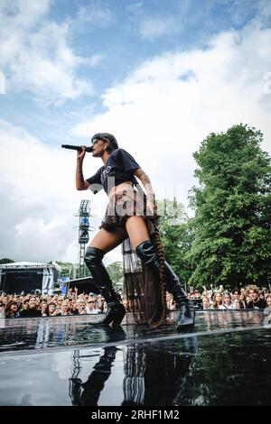 Göteborg, Schweden. 12., 2023. August. Der schwedische Rapper Cleo tritt während des schwedischen Musikfestivals in West 2023 in Göteborg auf. (Foto: Gonzales Photo - Tilman Jentzsch). Stockfoto