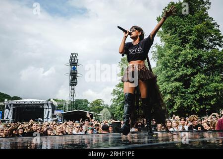 Göteborg, Schweden. 12., 2023. August. Der schwedische Rapper Cleo tritt während des schwedischen Musikfestivals in West 2023 in Göteborg auf. (Foto: Gonzales Photo - Tilman Jentzsch). Stockfoto