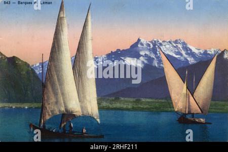 Rhone Alpes, Haute Savoie (74) : Barques sur le Lac Leman (Lac de Geneve) - Carte postale datee 1938 Stockfoto