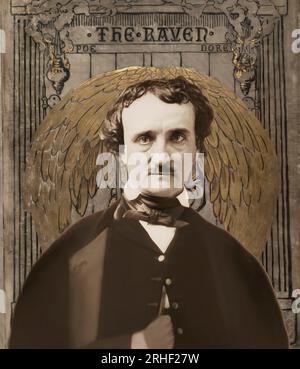 Porträt von Edgar Allan Poe, The Raven, Cover Art von Gustave Doré, 1884, digital bearbeitet Stockfoto