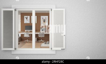 Putzwand außen mit weißem Fenster mit Jalousien, mit Blick auf Home Corner Office mit Schreibtisch, leerer Hintergrund mit Kopierraum, Architektur Design con Stockfoto
