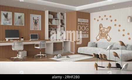 Weiße Tischplatte oder Regal mit minimalistischer Vogelverzierung, Birdie Knick - knacken Sie über haustierfreundliche Home Office mit Schreibtisch und Hundebett mit Tor, Mod Stockfoto