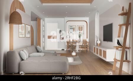 Modernes Ess- und Wohnzimmer aus Holz in weißen Farbtönen, Sofa mit Teppich und Tisch mit Stühlen, Schiebetür. Rattan-Fernsehschrank, Parkett und Stockfoto