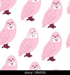 Nahtloses Vektormuster mit pinkfarbenen Eulen und Post. Owl-Liefermuster. Rosa Valentinstag. Vektordarstellung Stock Vektor
