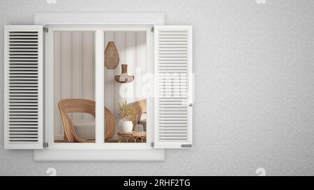 Außenputz-Wand mit weißem Fenster mit Fensterläden, zeigt das innere Wohnzimmer mit Sofa, leerer Hintergrund mit Kopierraum, Architekturdesign c Stockfoto