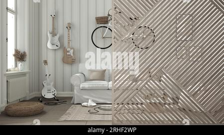 Nahaufnahme aus Holzpaneelen, skandinavisches Wohnzimmer mit weißem Sofa und gestreifter Tapete, Teppich und Dekor. Minimalistisches zen Interior Design Konzept Idee, Stockfoto
