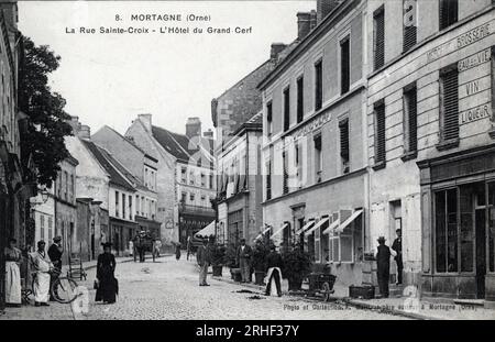 Normandie, Orne (61), Mortagne au Perche (Mortagne-au-Perche) : l'Hotel du Grand Cerf, rue saint Croix - Carte postale fin 19eme-20eme siecle Stockfoto