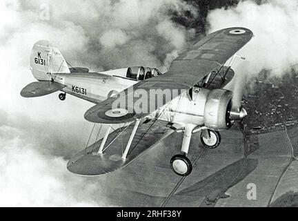 GLOSTER GLADIATOR Mk 1 K6131 vom 72. Geschwader RAF. Es wurde im Februar 1938 an die 72. Staffel RAF in Church Fenton geliefert, aber nach dem Absturz, nachdem am 26. März 1938 der Treibstoff ausging, wurde es entladen. Stockfoto