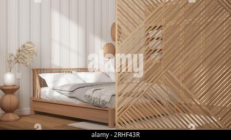 Modernes Schlafzimmer aus Holz mit Holzpaneelen aus nächster Nähe, Tapete, Parkettboden. Minimalistisches Zen Interior Design Konzept Idee, zeitgenössische Architektur tem Stockfoto