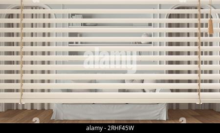 Weiße jalousien aus der Nähe, über der modernen Küche, klassisches Wohnzimmer mit Sofa und Bücherregal, gewölbte Türen mit Vorhängen, Inneneinrichtung, PR Stockfoto