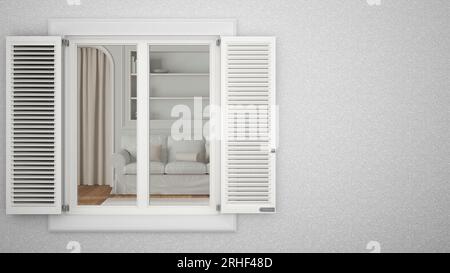 Außenputz-Wand mit weißem Fenster mit Fensterläden, zeigt klassisches Wohnzimmer, leerer Hintergrund mit Kopierraum, Architektur-Design-Konzept-Idee Stockfoto
