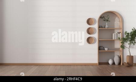 Hintergrundkonzept für Innenarchitektur in Weißtönen. Leeres Wohnzimmer mit Putzwand, Parkett und Holzbogenregal. Vasen, Bücher und dez. Stockfoto
